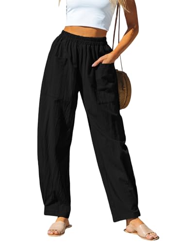 CUPSHE Damen Hose Leinenhose mit Elastischem Bund und Großen Taschen, Bequeme Weite Sommerhose, Schwarz, L von CUPSHE