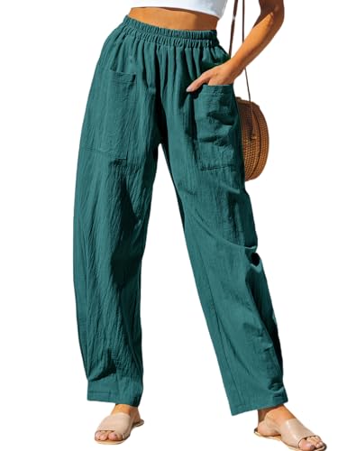CUPSHE Damen Hose Leinenhose mit Elastischem Bund und Großen Taschen, Bequeme Weite Sommerhose, Smaragdgrün, M von CUPSHE