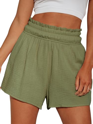 CUPSHE Damen Hose Sommer Weites Bein Shorts Baumwolle Hohe Taille Elastischer Bund Strand Lose Jogginghose Sportshorts Grün L von CUPSHE