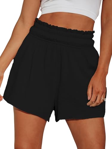 CUPSHE Damen Hose Sommer Weites Bein Shorts Baumwolle Hohe Taille Elastischer Bund Strand Lose Jogginghose Sportshorts Schwarz L von CUPSHE