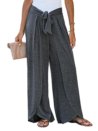 CUPSHE Damen Hosen Stricken Weites Bein Lounge Schlitz Verknotet Bund Sommerhose Elegant Lose Freizeithose Grau L von CUPSHE