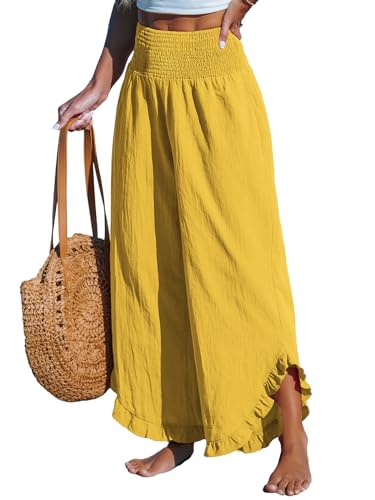 CUPSHE Damen Hosen Gesmokt Baumwolle Lounge Hohe Taille Weites Bein Asymmetrischer Rüschen Sommerhose Elegant Lose Freizeithose, Bronzesand, L von CUPSHE