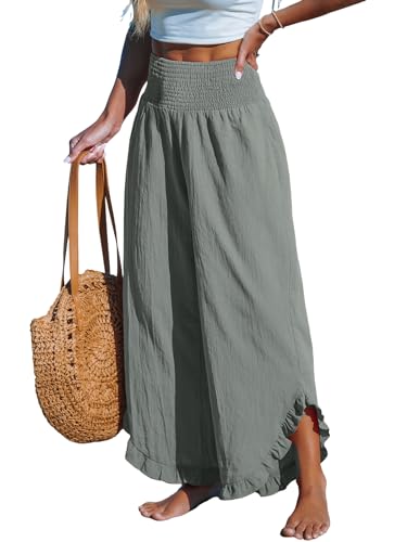 CUPSHE Damen Hosen Gesmokt Baumwolle Lounge Hohe Taille Weites Bein Asymmetrischer Rüschen Sommerhose Elegant Lose Freizeithose, Dunkelgrau, M von CUPSHE