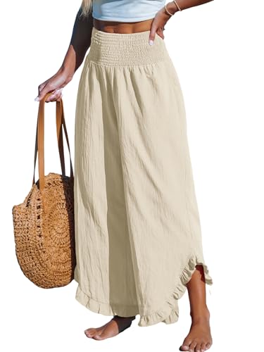 CUPSHE Damen Hosen Gesmokt Baumwolle Lounge Hohe Taille Weites Bein Asymmetrischer Rüschen Sommerhose Elegant Lose Freizeithose, Hellbeige, S von CUPSHE