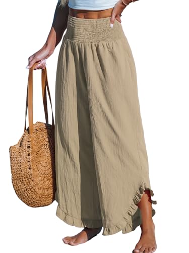 CUPSHE Damen Hosen Gesmokt Baumwolle Lounge Hohe Taille Weites Bein Asymmetrischer Rüschen Sommerhose Elegant Lose Freizeithose, Kamelbraun, M von CUPSHE