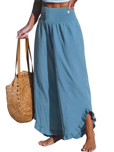 CUPSHE Damen Hosen Gesmokt Baumwolle Lounge Hohe Taille Weites Bein Asymmetrischer Rüschen Sommerhose Elegant Lose Freizeithose, Stahlblau, S von CUPSHE