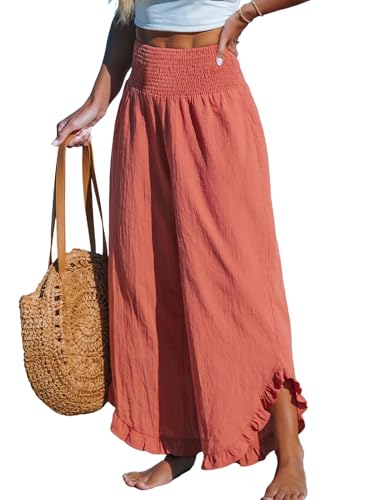 CUPSHE Damen Hosen Gesmokt Baumwolle Lounge Hohe Taille Weites Bein Asymmetrischer Rüschen Sommerhose Elegant Lose Freizeithose, Terrakotta-Rot, M von CUPSHE