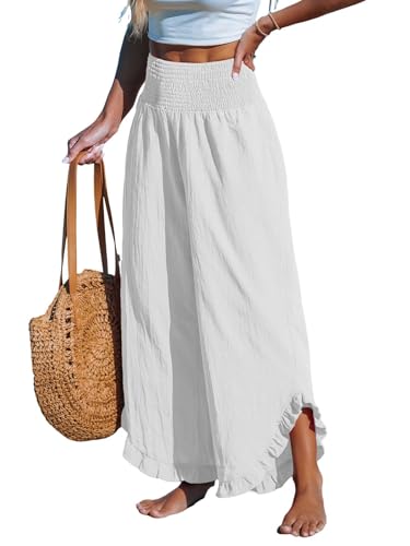 CUPSHE Damen Hosen Gesmokt Baumwolle Lounge Hohe Taille Weites Bein Asymmetrischer Rüschen Sommerhose Elegant Lose Freizeithose, Weiß, L von CUPSHE