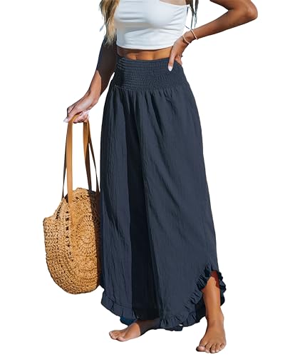 CUPSHE Damen Hosen Gesmokt Baumwolle Lounge Hohe Taille Weites Bein Asymmetrischer Rüschen Sommerhose Elegant Lose Freizeithose Dunkelblau L von CUPSHE