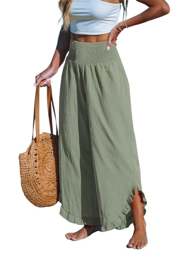 CUPSHE Damen Hosen Gesmokt Baumwolle Lounge Hohe Taille Weites Bein Asymmetrischer Rüschen Sommerhose Elegant Lose Freizeithose Helles Oliv L von CUPSHE