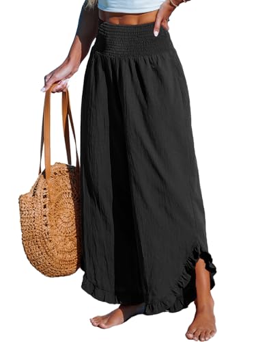 CUPSHE Damen Hosen Gesmokt Baumwolle Lounge Hohe Taille Weites Bein Asymmetrischer Rüschen Sommerhose Elegant Lose Freizeithose Schwarz L von CUPSHE