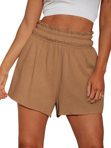 CUPSHE Damen Hosen Hohe Taille Baumwolle Shorts Elastische Taille Weites Bein Sommer Strand Lose Jogginghose Sportshorts, Erdbraun, L von CUPSHE