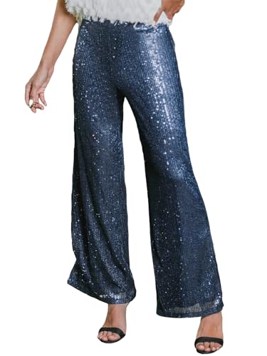 CUPSHE Damen Hosen Lange Weites Bein Hohe Taille mit Pailletten Glitzer Elegant Lose Party Clubwear Blau XL von CUPSHE