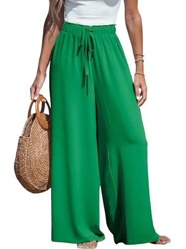 CUPSHE Damen Hosen Leicht Weites Bein Lounge Hohe Taille Kordelzug Sommerhose Elastischer Bund Strand Lose Freizeithose, Grün, L von CUPSHE