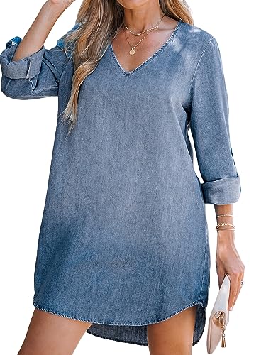 CUPSHE Damen Jeans Minikleid mit Langen Ärmeln, V Ausschnitt, Rollmanschetten, lässiges Tunika Kleid, Blau, M von CUPSHE