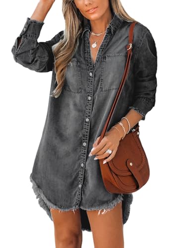 CUPSHE Damen Jeanshemd Mini-Tunika-Kleid Casual Oversized Herbst Langarm Ausgefranster Saum Tops Bluse mit Taschen, Schwarz , 46 von CUPSHE