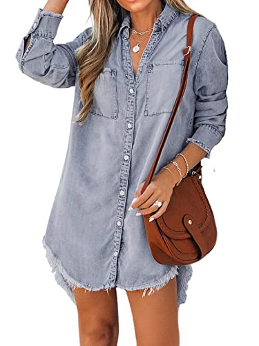 CUPSHE Damen Jeanshemd V Ausschnitt Knopfleiste Brusttaschen Asymmetrisch Jeansbluse Hemdblusen Denim Shirt Dress Hellblau S von CUPSHE