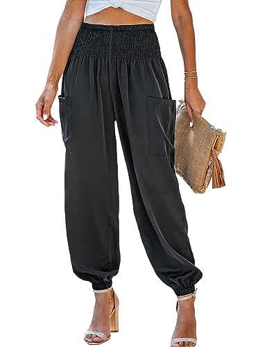 CUPSHE Damen Hose Jogginghose mit Taschen Hoher Bund Geraffte Taille Freizeithose Smocked High Waist Jogger Pants Schwarz L von CUPSHE