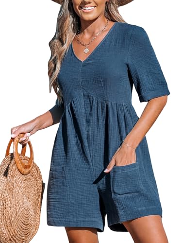 CUPSHE Damen-Jumpsuit, Baumwolle, V-Ausschnitt, kurze Ärmel, weites Bein, Vordertaschen, Strandoverall für Sommer, blau, M CUPSHE Damen-Jumpsuit, Baumwolle, V-Ausschnitt, kurze Ärmel, weites Bein, Vordertaschen, Strandoverall für Sommer, blau, M von CUPSHE