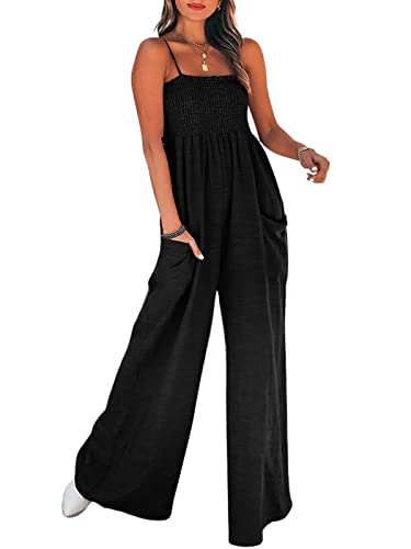 CUPSHE Damen Jumpsuit Square Neck Ärmellos Weites bein Sommer Lang Overall Romper Gesmokter Spaghettiträger Hosenanzug Playsuit Schwarz M von CUPSHE