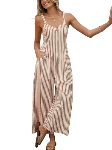 CUPSHE Damen Jumpsuit Ärmellos Overall Gesmokt Cutout Strampler Weites Bein Lang Playsuit Sommer Lose Hosenanzug Rot Gestreift XL von CUPSHE