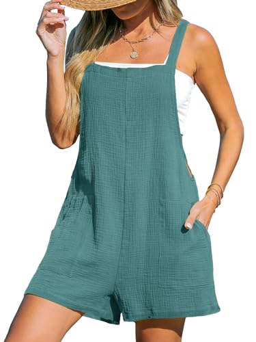 CUPSHE Damen Jumpsuit Baumwolle Ärmellos Strampler Weites Bein Taschen Vorne Kurz Overall Sommer Strand Lose Hosenanzug Blau XL von CUPSHE
