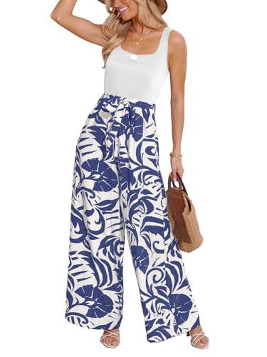 CUPSHE Damen Jumpsuit Blumen Quadratischer Ausschnitt Ärmellos Overall Weites Bein Strampler mit Gürtel Playsuit Sommer Hosenanzug von CUPSHE