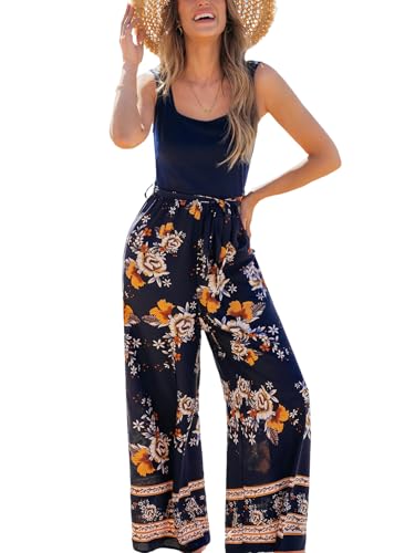 CUPSHE Damen Jumpsuit Blumen Quadratischer Ausschnitt Ärmellos Overall Weites Bein Strampler mit Gürtel Playsuit Sommer Hosenanzug von CUPSHE