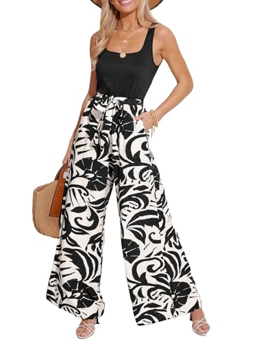 CUPSHE Damen Jumpsuit Blumen Quadratischer Ausschnitt Ärmellos Overall Weites Bein Strampler mit Gürtel Playsuit Sommer Hosenanzug von CUPSHE