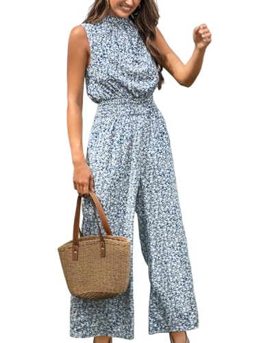 CUPSHE Damen Jumpsuit Blumen Stehkragen Overall Ärmellos Weites Bein Lang Playsuit Sommer Lose Hosenanzug mit Taschen von CUPSHE