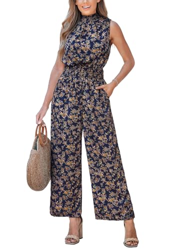 CUPSHE Damen Jumpsuit Blumen Stehkragen Overall Ärmellos Weites Bein Lang Playsuit Sommer Lose Hosenanzug mit Taschen von CUPSHE