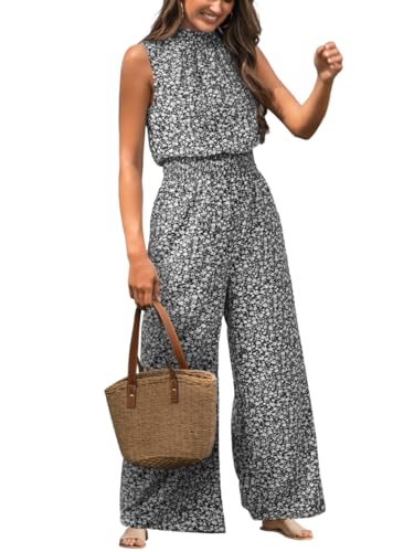 CUPSHE Damen Jumpsuit Blumen Stehkragen Overall Ärmellos Weites Bein Lang Playsuit Sommer Lose Hosenanzug mit Taschen von CUPSHE