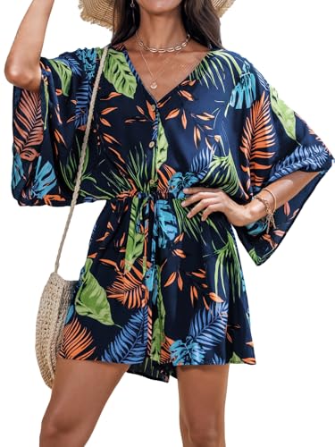CUPSHE Damen-Jumpsuit Boho-Stil kurzärmlig V-Ausschnitt weites Bein Overall mit Bindeband, lässiges Strandoutfit, S von CUPSHE