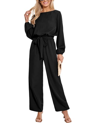 CUPSHE Damen Jumpsuit Bootskragen Langarm Overall Schlitz Hinten Weite Beine Playsuit mit Gürtel Elegant Hosenanzug Schwarz L von CUPSHE