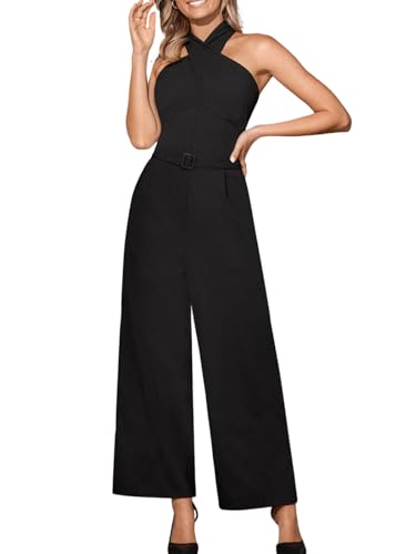 CUPSHE Damen Jumpsuit Crossover Neckholder Ärmellos Overall Gesmoktes Taille Weites Bein Lang Playsuit Elegant Büro Hosenanzug Schwarz M von CUPSHE