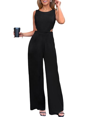 CUPSHE Damen Jumpsuit Cutout Rundhals Ärmellos Overall Rückenfrei Weites Bein Lang Playsuit Elegant Büro Hosenanzug Schwarz S von CUPSHE