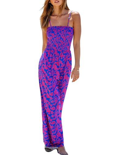 CUPSHE Damen Jumpsuit Gesmokt Oberteil Ärmellos Overall Boho Blumendruck Weites Bein Elegant Playsuit Sommer Lose Lang Hosenanzug Lila XS von CUPSHE