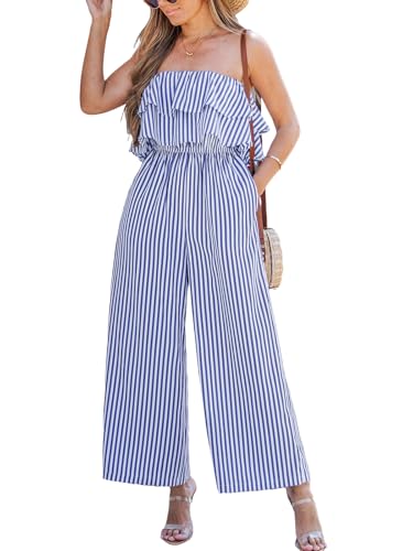 CUPSHE Damen Jumpsuit Gestreift Schulterfrei Overall Ärmellos Rüschen Weites Bein Lang Playsuit Sommer Lose Hosenanzug von CUPSHE