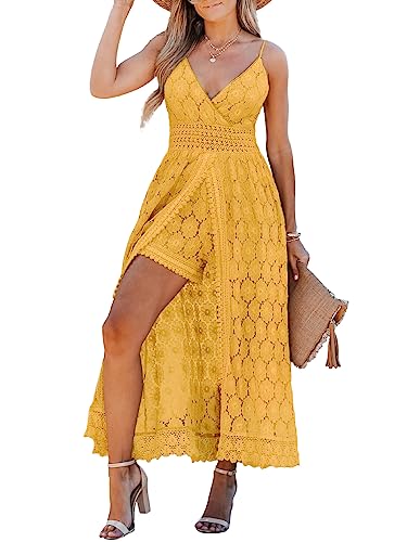 CUPSHE Damen Jumpsuit Kleid V Ausschnitt Weites bein Spitzen Kurz Romper A-Linie High Low Spaghetti Trägerkleid Hosenanzug Playsuit Gelb XL von CUPSHE