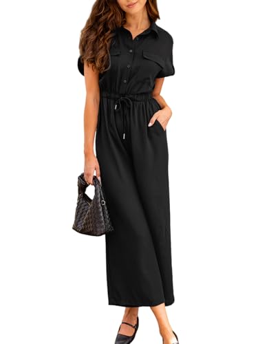 CUPSHE Damen Jumpsuit Knopfleiste Kurzarm Overall Kordelzug Weites Bein Vorne Taschen Lang Playsuit Büro Hosenanzug Schwarz XL von CUPSHE