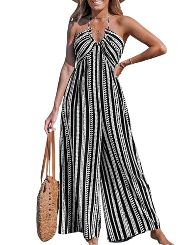 CUPSHE Damen Jumpsuit Neckholder Ärmellos Overall Cutout Rückenfrei Weites Bein Lang Playsuit Sommer Lose Hosenanzug Schwarz/Weiß M von CUPSHE