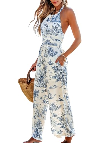 CUPSHE Damen Jumpsuit Neckholder Ärmellos Overall Rückenfrei Toile-Druck Loses Bein Sommer Strand Playsuit mit Taschen von CUPSHE
