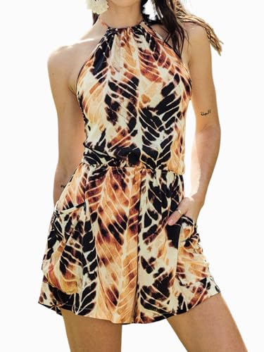 CUPSHE Damen Jumpsuit Neckholder Ärmellos Strampler Tie Dye Rückenfrei Weites Bein Kurz Overall Sommer Hosenanzug mit Taschen Schwarz/Orange XL von CUPSHE