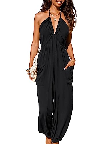 CUPSHE Damen Jumpsuit Neckholder Tiefer V Ausschnitt Rückenfrei Ärmellos Lang Weites Bein Overall Hosenanzug Playsuit Schwarz S von CUPSHE