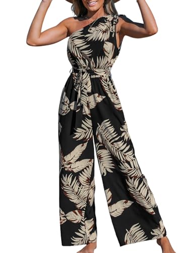 CUPSHE Damen Jumpsuit One Shoulder Ärmellos Overalls Kordelzug Tropisch Weites Bein Playsuit mit Gürtel Sommer Lose Hosenanzug Schwarzer Druck L von CUPSHE