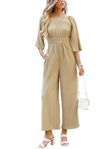 CUPSHE Damen Jumpsuit Quadratischer Ausschnitt 3/4 Ärmel Overall Weites Bein Strampler Gesmokte Taille Playsuit Sommer Hosenanzug von CUPSHE