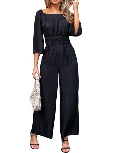 CUPSHE Damen Jumpsuit Quadratischer Ausschnitt 3/4 Ärmel Overall Weites Bein Strampler Gesmokte Taille Playsuit Sommer Hosenanzug von CUPSHE