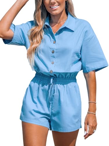 CUPSHE Damen Jumpsuit Revers Knopfleiste Kurzarm Strampler Weite Beine Overall Sommer Casual Strand Playsuit Himmelblau M von CUPSHE