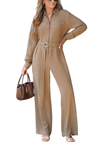 CUPSHE Damen Jumpsuit Revers Reißverschluss Vorne Overall Langarm Weites Bein Playsuit Hosenanzug mit Gürtel Khaki L von CUPSHE