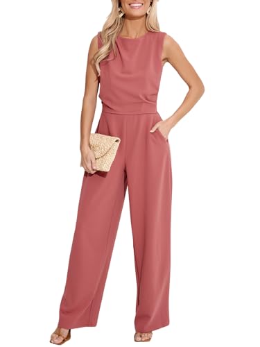 CUPSHE Damen Jumpsuit Rundhals Ärmellos Overall Plissee Weite Beine Playsuit mit Taschen Elegant Hosenanzug Rosa S von CUPSHE